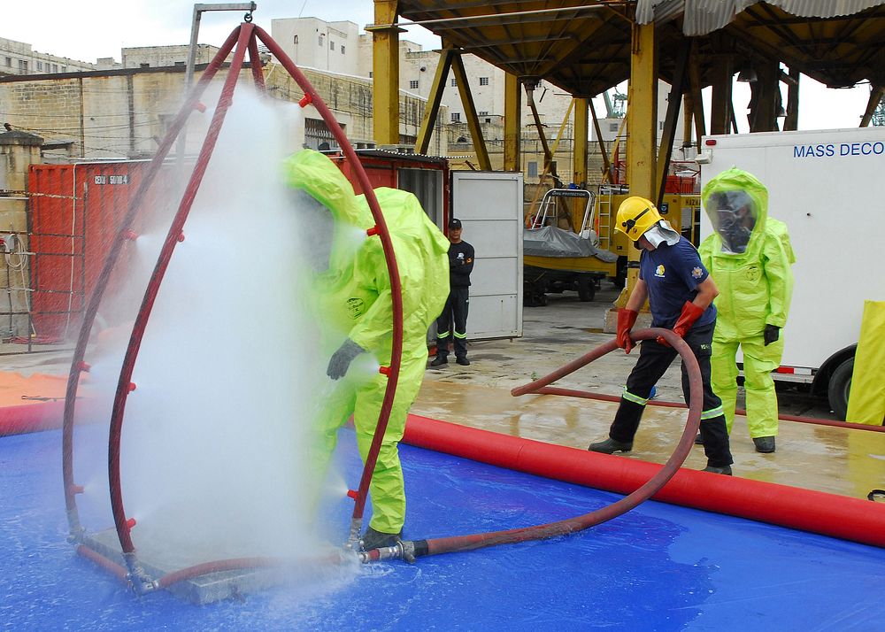 A Bulgarian sailor participates in a decontamination procedure and equipment demonstration during hazardous material…