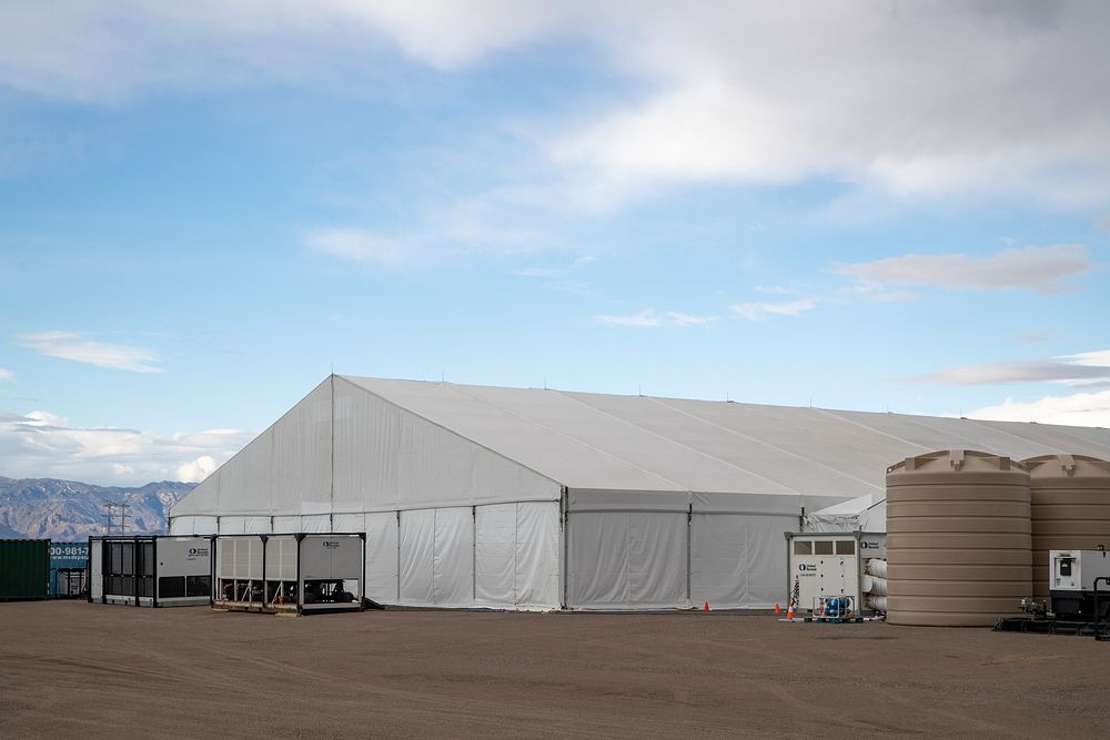 A temporary soft sided processing facility has been completed in Tucson, Arizona, April 27, 2021, to process noncitizen…