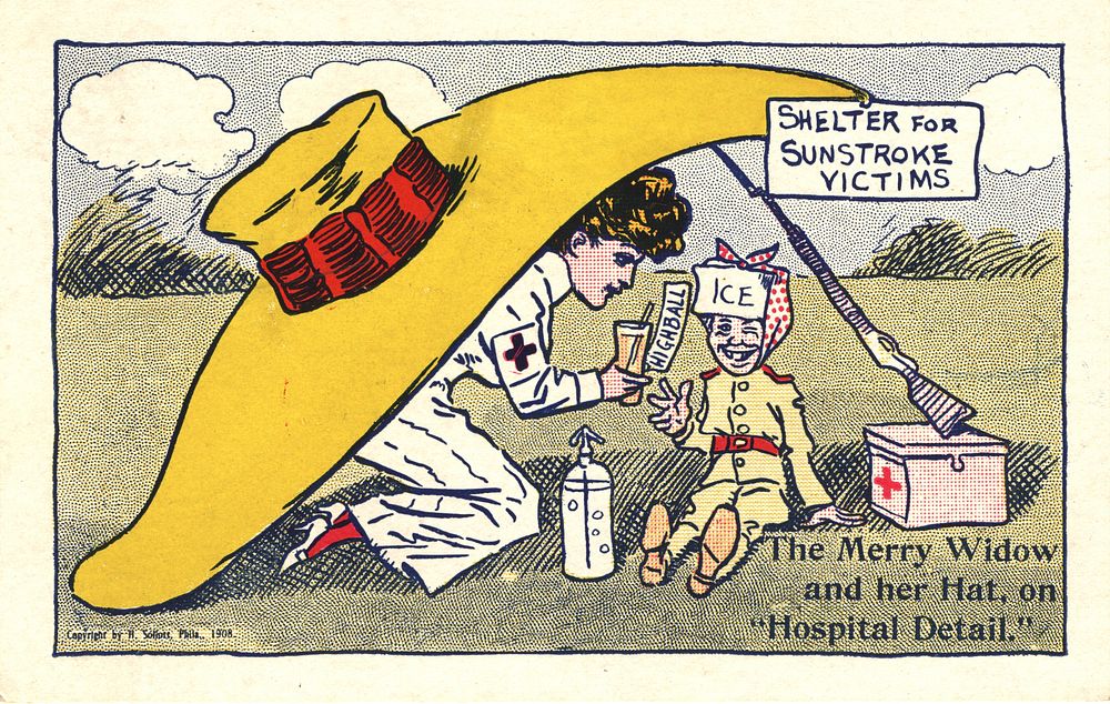 Shelter for sunstroke victims: the Merry Widow and her hat, on "hospital detail". Postcard features a color drawing of a…