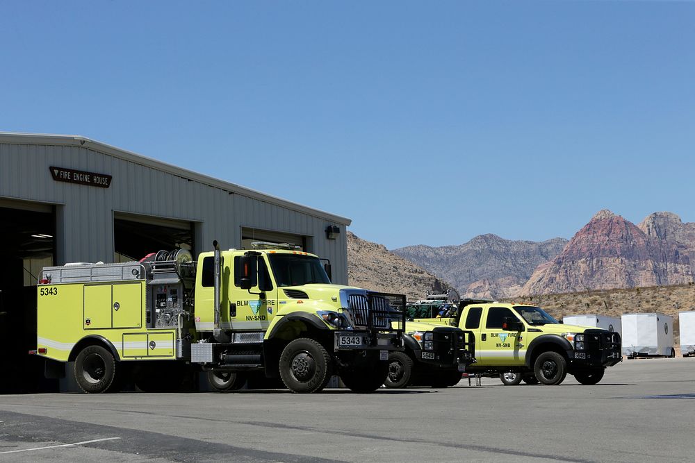 JUN 26 Nevada Engines in Yard. LAS VEGAS, NV - JUNE 26: A general view of three BLM wildland fire engines at the Red Rock…