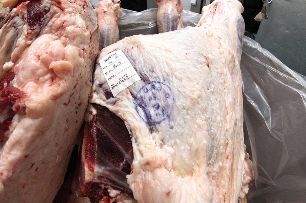 Beef hind quarters with U.S. Department of Agriculture inspection stamp, arrive at Rustic Cuts, in Council Bluffs, IA.…
