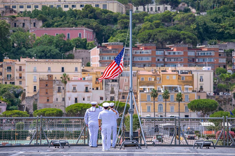 GAETA, Italy (July 27, 2021) Sailors shift colors aboard the Blue Ridge-class command and control ship USS Mount Whitney…