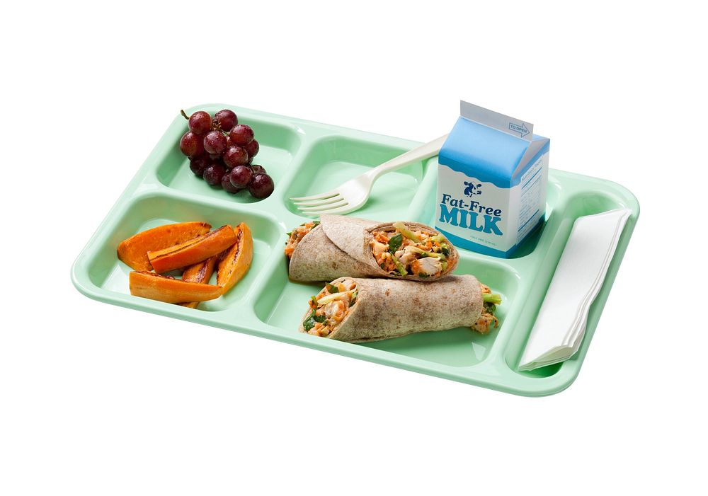A school lunch tray showing a reimbursable meal for grades kindergarten through 8. Also shows all MyPlate food groups…