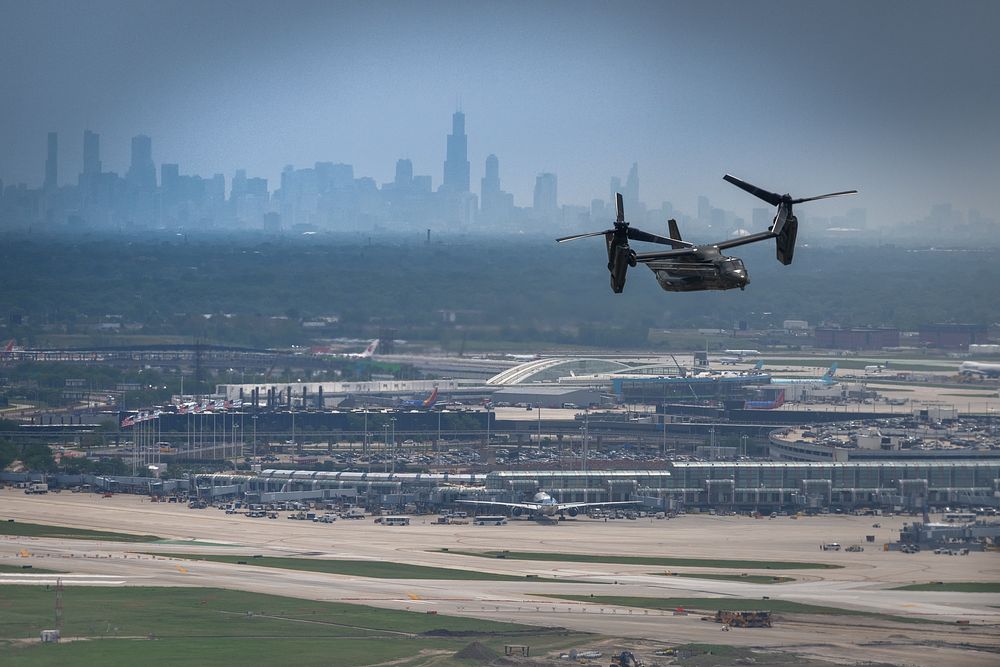An osprey is seen departing Chicago O’Hare International Airport in Chicago, Wednesday, July 7, 2021, en route to McHenry…