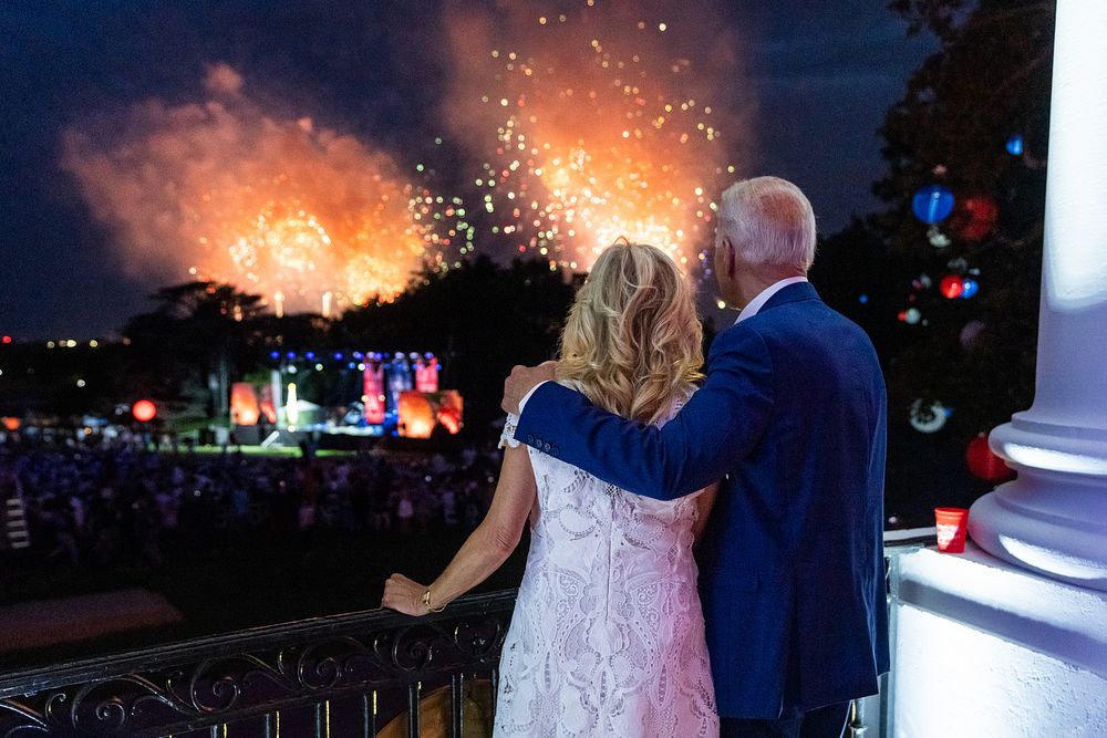 President Joe Biden and First Lady Jill Biden watch fireworks from the Blue Room Balcony of the White House, Sunday, July 4…