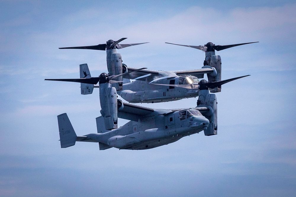 U.S. Marine Corps MV-22 Ospreys with Marine Medium Tiltrotor Squadron 774 perform at the 2021 Atlantic City Airshow at…