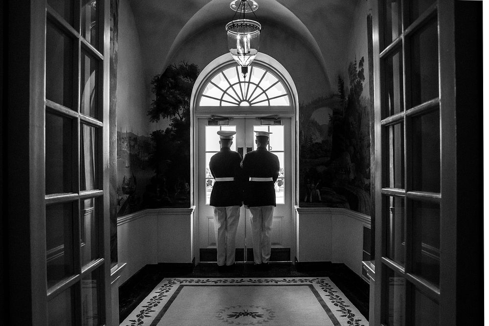 U.S. Marine sentries stand by the doors to the Diplomatic Reception Room as President Joe Biden delivers remarks at a…
