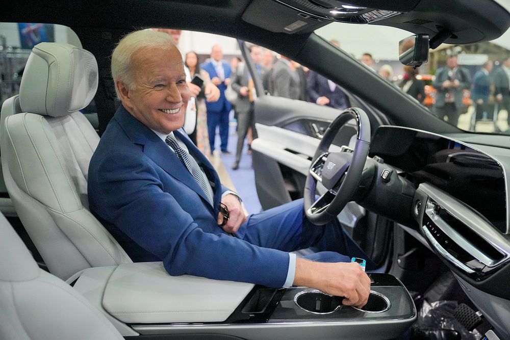 President Joe Biden checks out the Cadillac Lyriq during the North American International Auto Show, Wednesday, September…