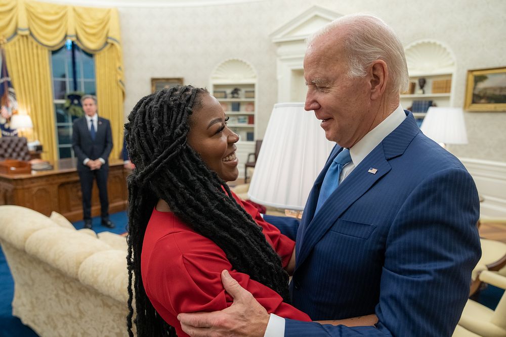 President Joe Biden greets Cherelle Griner following the release of Brittney Griner, Thursday, December 8, 2022, in the Oval…