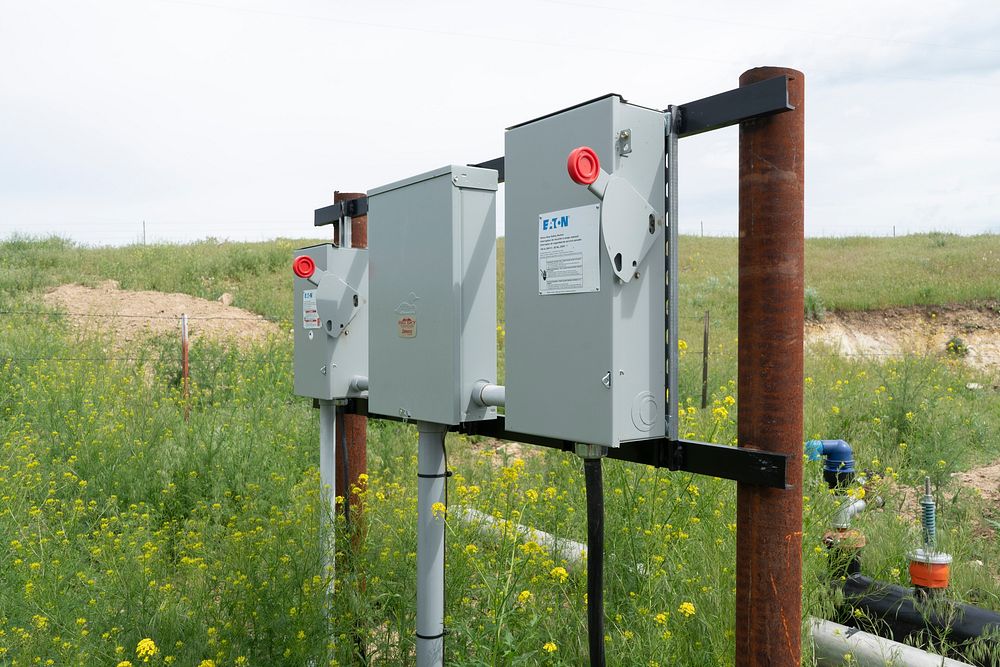 Electrical breaker boxes at the water pump point on the Tongue River that supplies James Robinson's irrigation system. The…