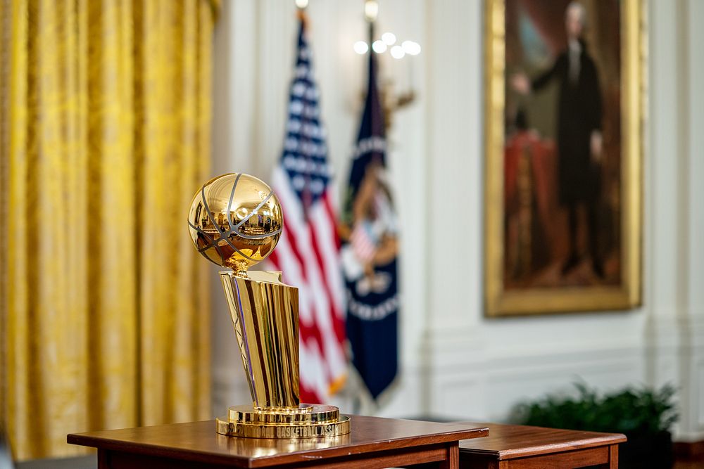 The NBA Championship Trophy is seen prior to an event welcoming the Golden State Warriors to the White House to celebrate…