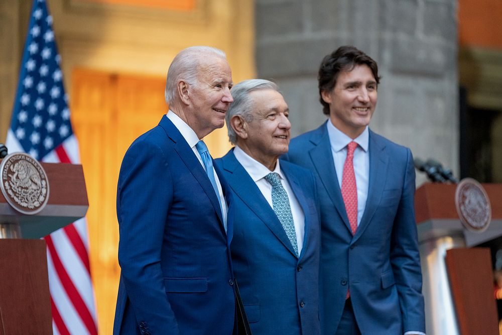 President Joe Biden poses for a photo with Mexican President Andres Manuel Lopez Obrador and Canadian Prime Minister Justin…