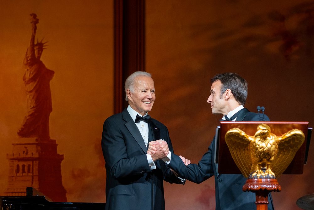 French President Emmanuel Macron delivers remarks during the State Dinner in honor of Macron's visit, Thursday, December 1…