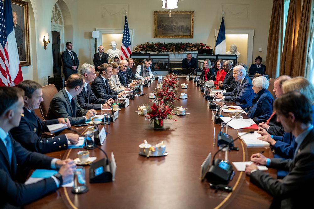 President Joe Biden participates in an expanded bilateral meeting with French President Emmanuel Macron, Thursday, December…