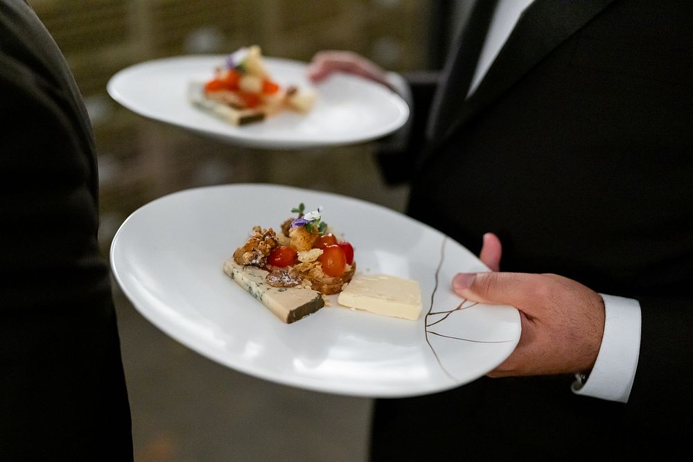 A cheese course is served during the State Dinner in honor of President Emmanuel Macron of France and Brigitte Macron…