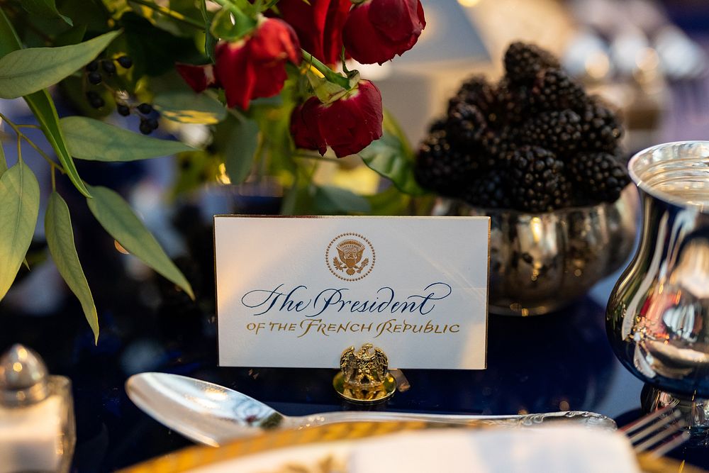 Table setting and decor are seen on the South Lawn of the White House Thursday, December 1, 2022, for the State Dinner for…