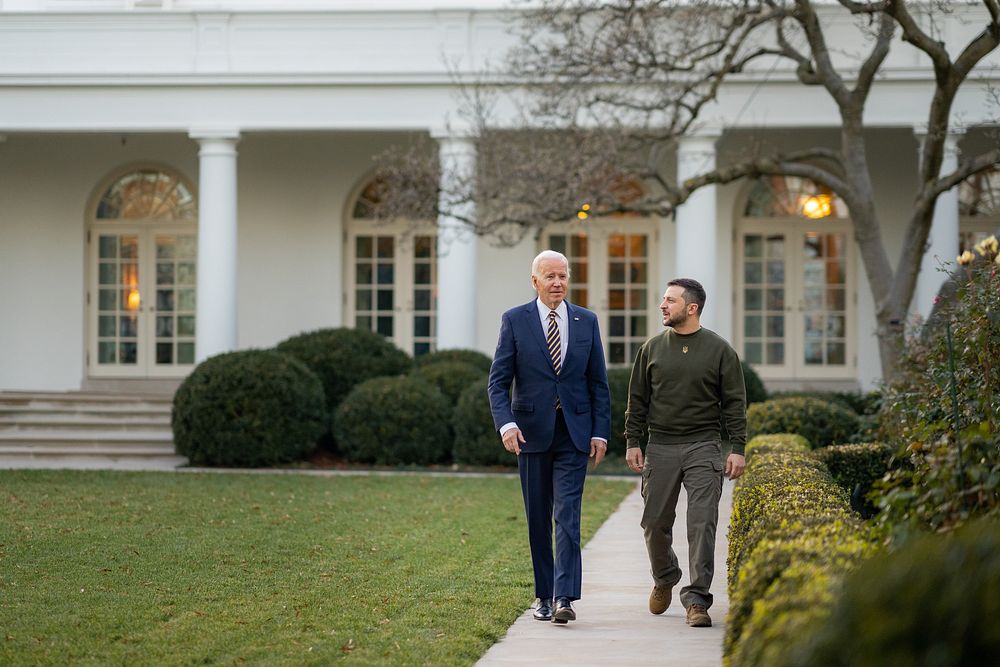 President Joe Biden walks with Ukrainian President Volodymyr Zelenskyy, Wednesday, December 21, 2022, in the Rose Garden of…
