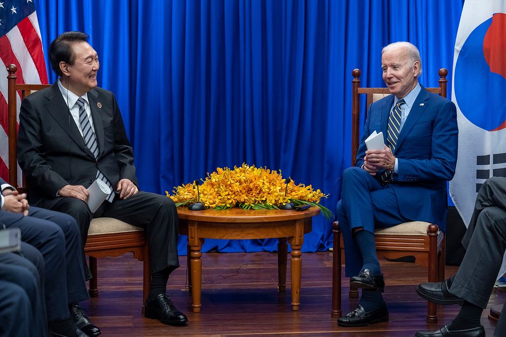 President Joe Biden meets with South Korean Prime Minister Yoon Suk-Yeol, Sunday, November 13, 2022, at the Sokha Hotel in…