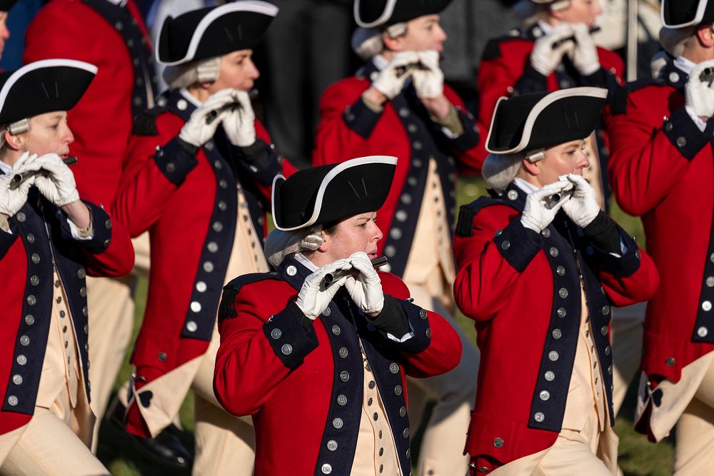U.S. Army Fife and Drum Corps. perform during the State Arrival ceremony for President of the French Republic Emmanuel…