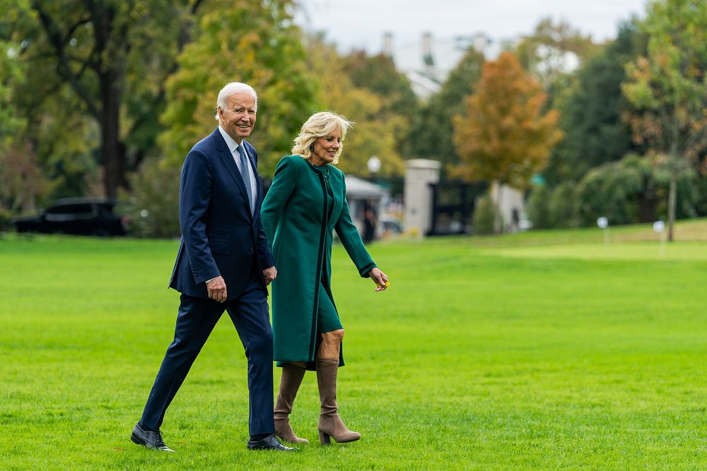 President Joe Biden and First Lady Jill Biden cross the South Lawn for a tree planting ceremony, Monday, October 24, 2022…