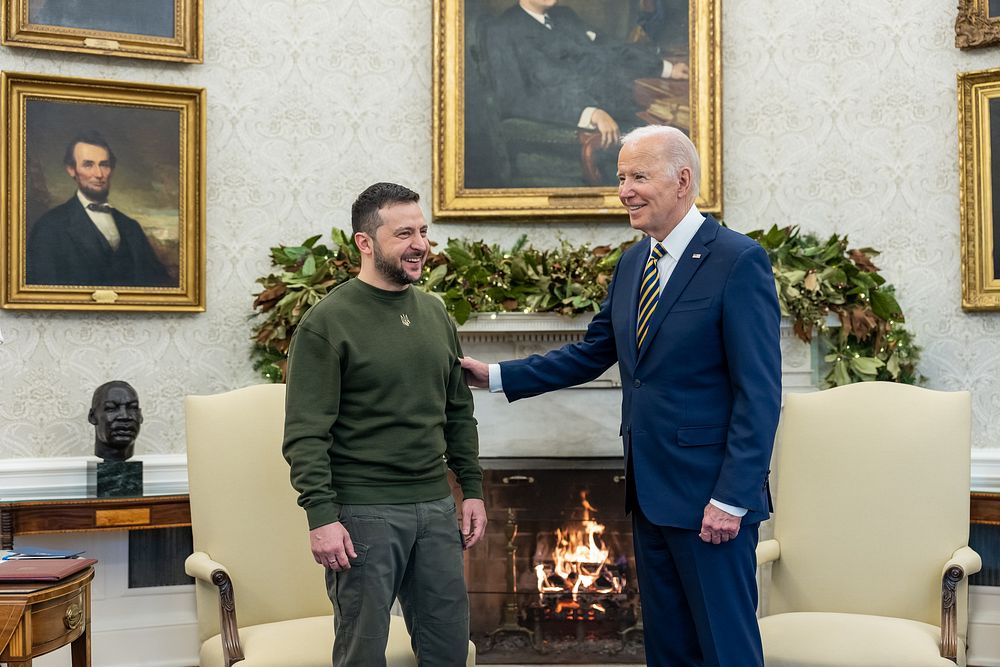 President Joe Biden meets with Ukrainian President Volodymyr Zelenskyy, Wednesday, December 21, 2022, in the Oval Office of…