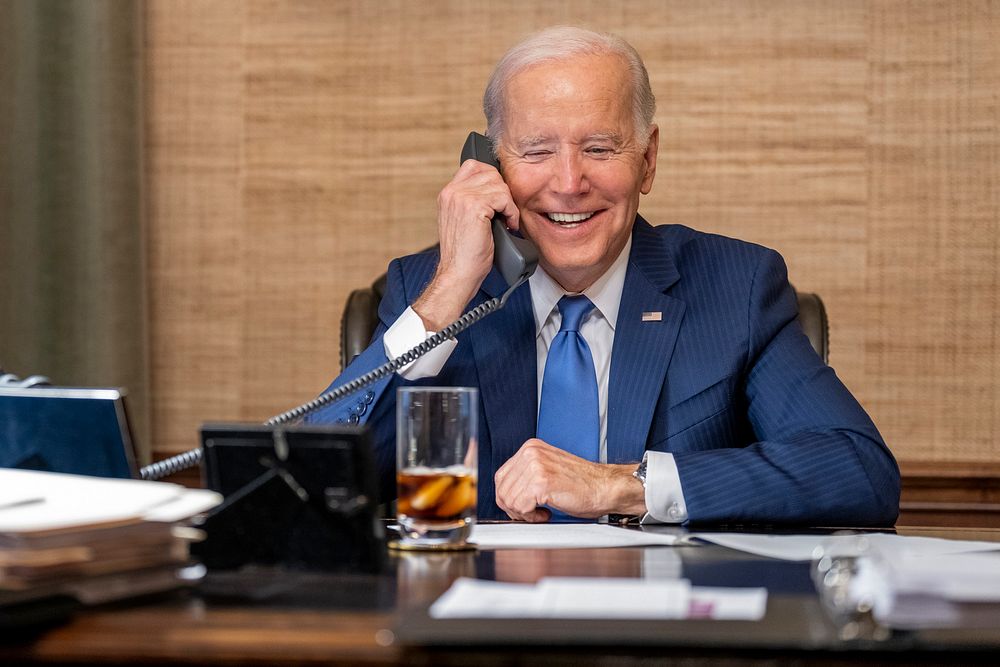 President Joe Biden talks on the phone with Senate Minority Leader Mitch McConnell, R-Ky., Wednesday, November 9, 2022, in…
