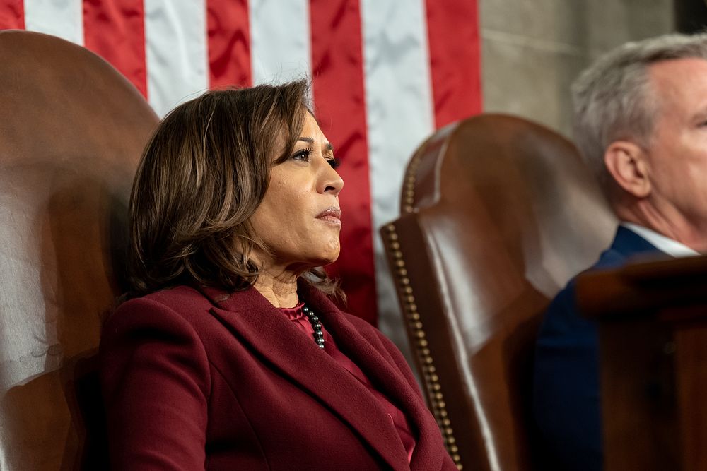 Vice President Kamala Harris listens as President Joe Biden delivers his State of the Union address, Tuesday, February 7…