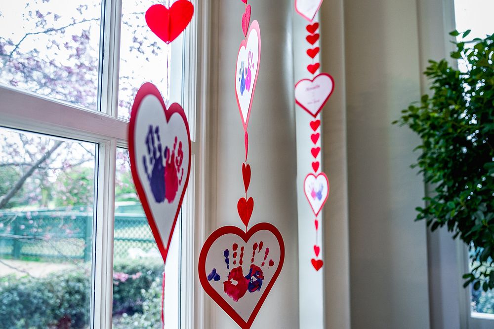 A Valentine’s Day display is seen in the East Wing Entrance of the White House, Monday, February 13, 2023, featuring artwork…