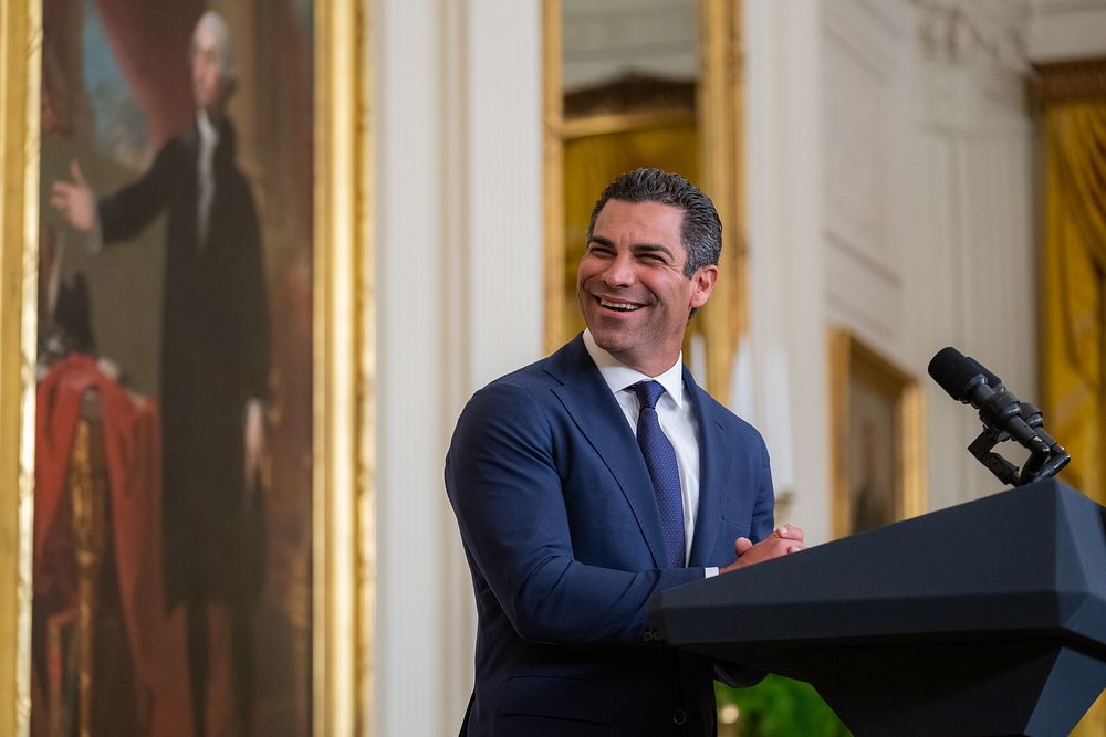 U.S. Conference of Mayors President Mayor Francis Suarez of Miami introduces President Joe Biden in the East Room before his…