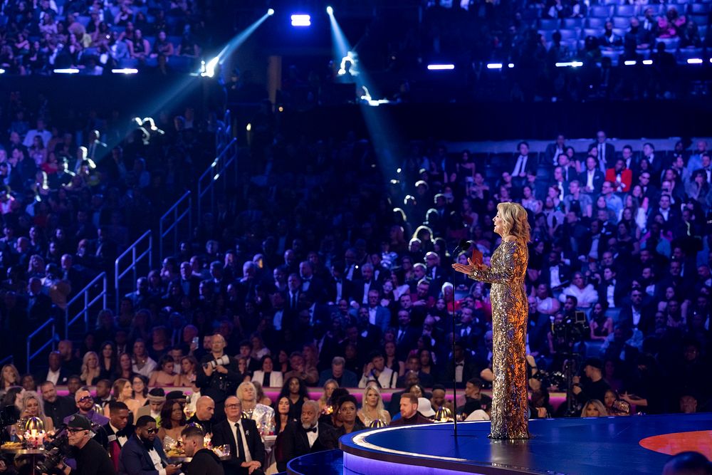 First Lady Jill Biden presents Song of the Year at the Grammy Awards, Sunday, February 5, 2023, at the Crypto.com Arena in…