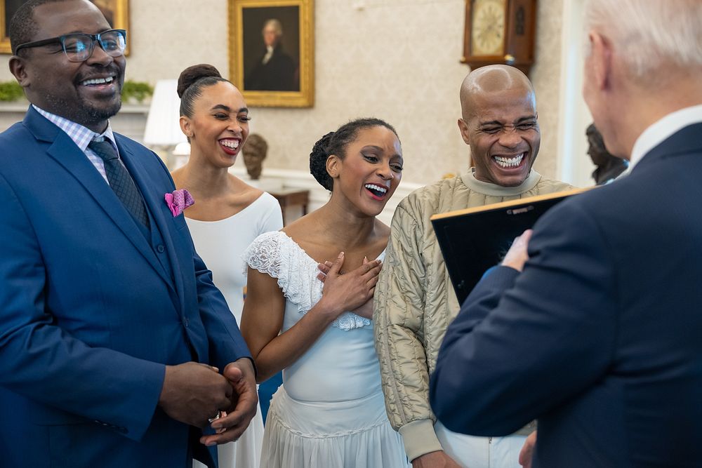President Joe Biden greets members of the Alvin Ailey Dance Theater, Friday, February 10, 2023, in the Oval Office of the…