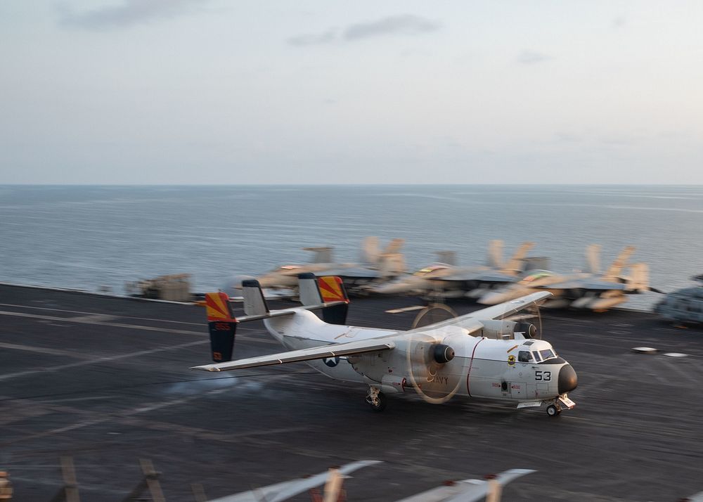 ADRIATIC SEA (Feb. 24, 2023) A C-2A Greyhound, attached to Carrier Fleet Logistics Support Squadron (VRC) 40, lands on the…