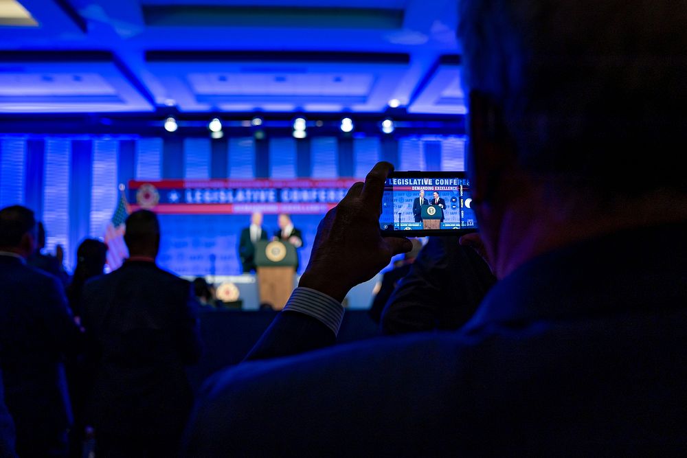 President Joe Biden, joined by Ed Kelly, General President of the International Association of Fire Fighters (IAFF), gives…