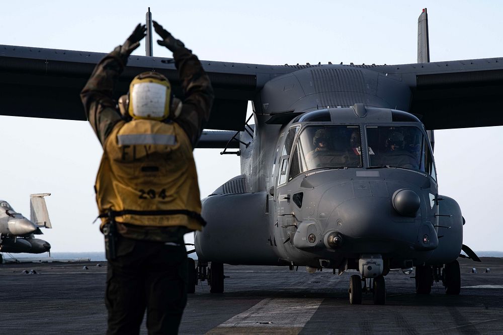 CV-22B DLQ with CVN 77A U.S. Air Force CV-22B Osprey with the 352nd Special Operations Wing, lands on the flight deck of…