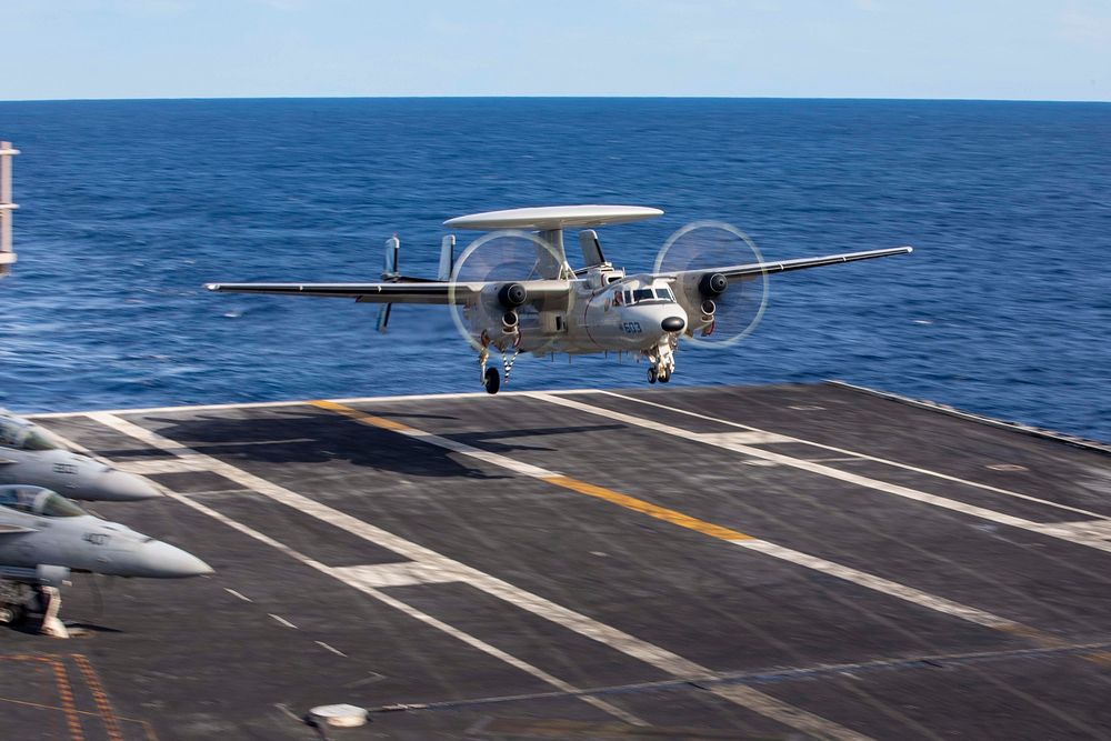MEDITERRANEAN SEA (Jan. 27, 2023) An E-2D Hawkeye aircraft, attached to Carrier Airborne Early Warning Squadron (VAW) 121…