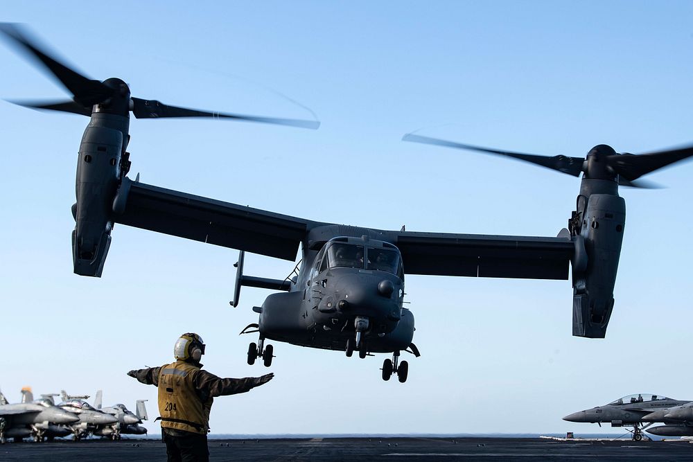 CV-22B DLQ with CVN 77A U.S. Air Force CV-22B Osprey with the 352nd Special Operations Wing, takes off from the flight deck…