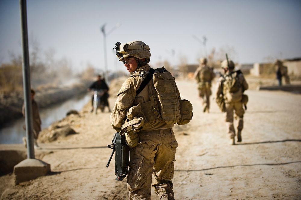 U.S. Marines with 3rd Battalion, 9th Marine Regiment patrol the streets of Marjah in Helmand province, Afghanistan, on Dec.…