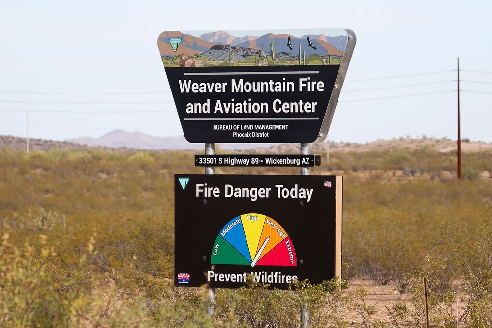 MAY 19: Sign for aviation centerWICKENBURG, AZ - MAY 19: Sign for the Weaver Mountain Fire and Aviation Center in the Bureau…