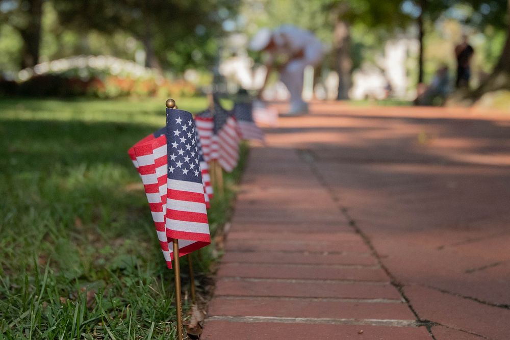 American flags on Stribling Walk to honor the lives lost on 9/11.