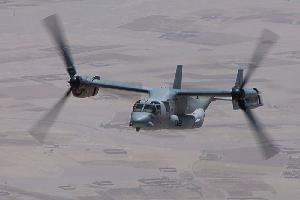 A U.S. Marine Corps V-22 Osprey aircraft flies between Camp Leatherneck and Village Stabilization Platform (VSP) Hyderabad…