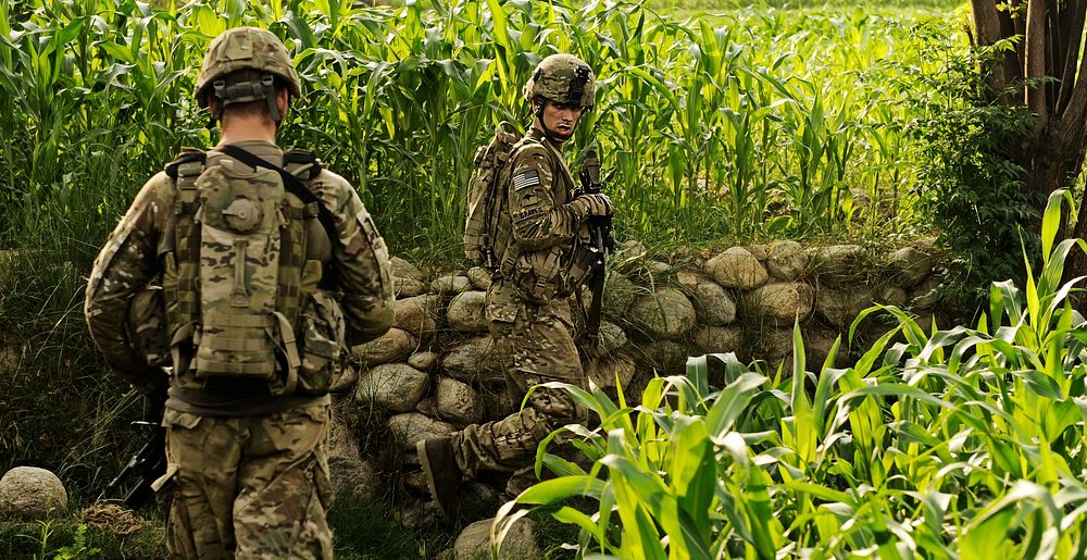 U.S. Army Spcs. Kyle Graves (right) and Michael Bartolo navigate through rice paddies and corn fields while on a combat…