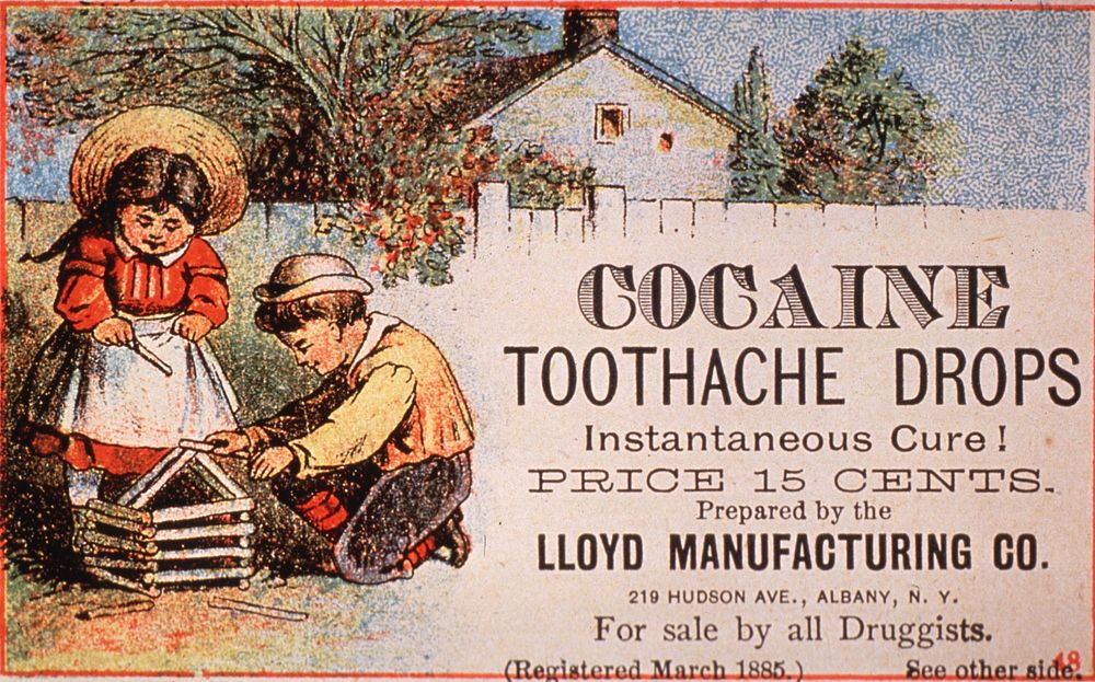 Cocaine Toothache Drops. Visual motif: two children playing outside; fence and house in background. Original public domain…