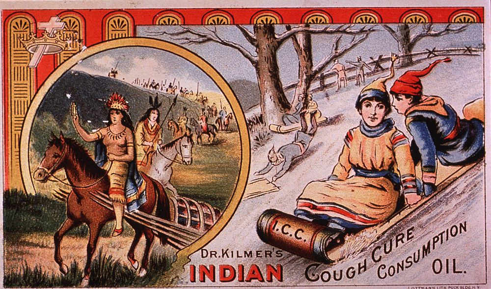 Dr. Kilmer's Indian Cough Cure. Dr. Kilmer's, "The people's favorite." Visual motif: Showing Indians on horseback and people…