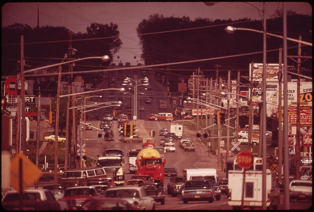 Traffic is heavy on Dodge Street, one of Omaha's main thoroughfares, May 1973. Photographer: O'Rear, Charles. Original…