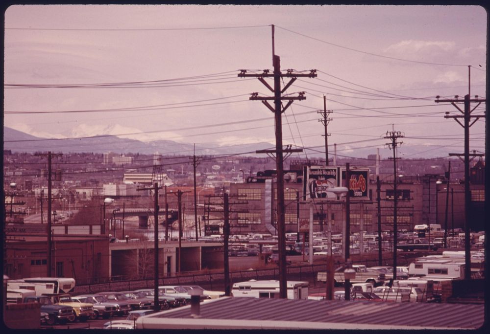 View of Colorado's front range beyond urban and industrial sprawl, 05/1975. Photographer: Norton, Boyd. Original public…