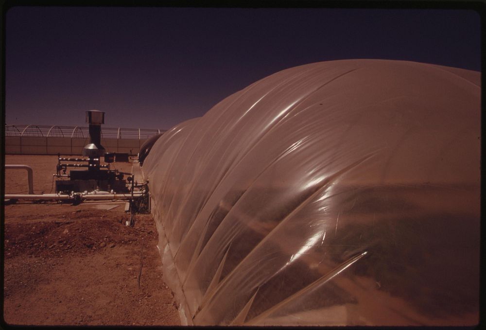 Exterior view of one of the solar greenhouses at the University of Arizona Environmental Research Laboratory at Tucson.