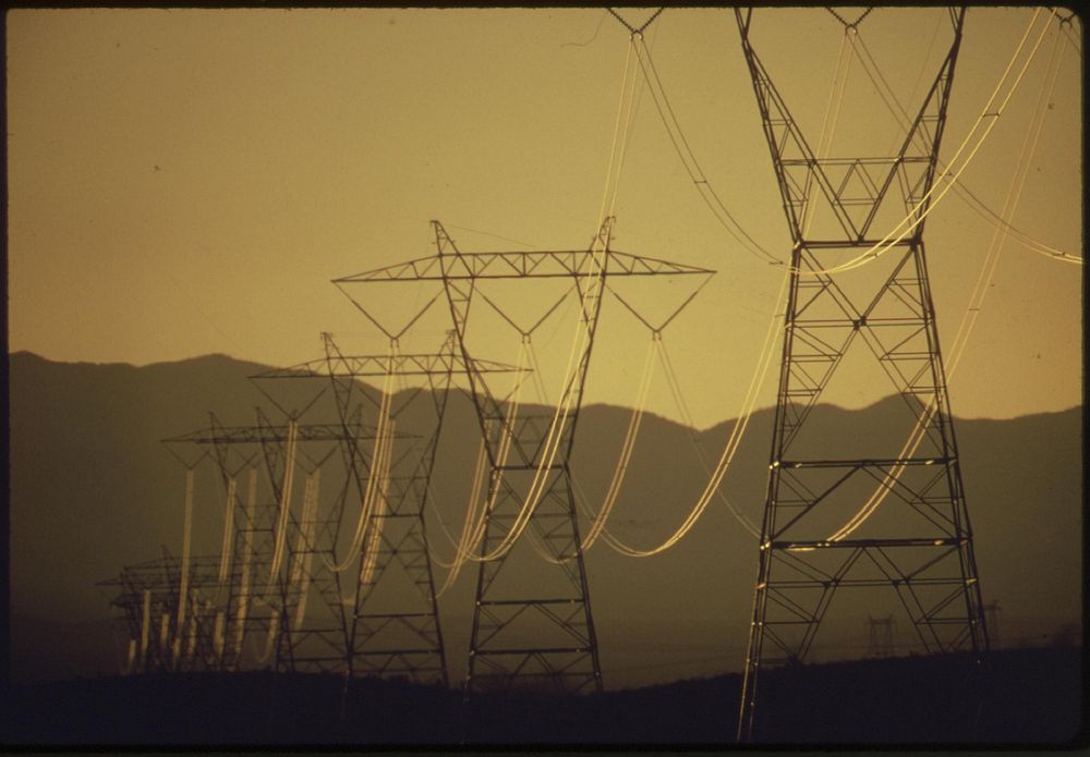 Power lines from nearby Hoover Dam bring electricity to southern California, May 1972. Photographer: O'Rear, Charles.…