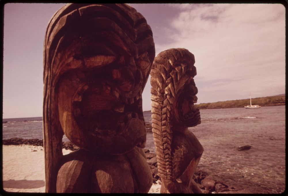 Ancient statues in the city of refuge national historic park near Honaunau on the western side of the island, November 1973.…