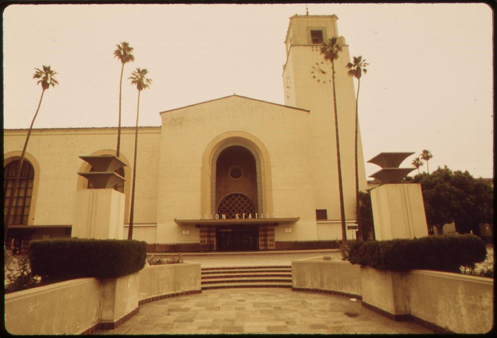 Exterior of the Los Angeles Union Passenger Terminal, built for the 1932 Summer Olympics held in that California city, May…