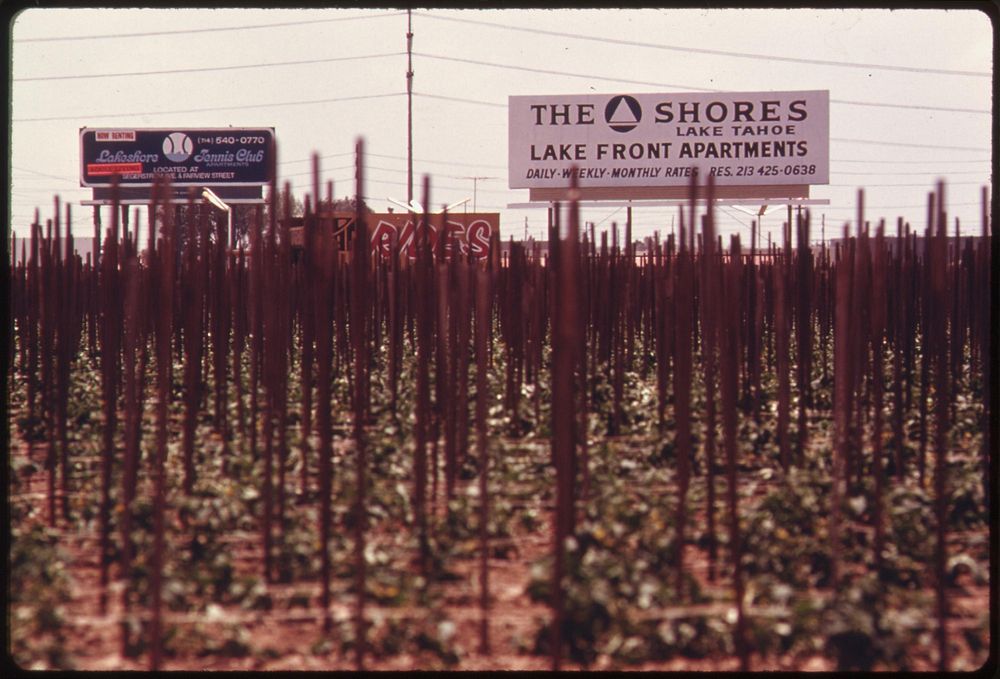 Development signs border one of a few remaining farm fields near the ocean in fast growing Orange County, May 1975.…